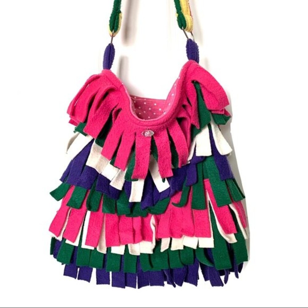 Handmade Fleece Fringe Shoulder Tote Bag Pink White Green